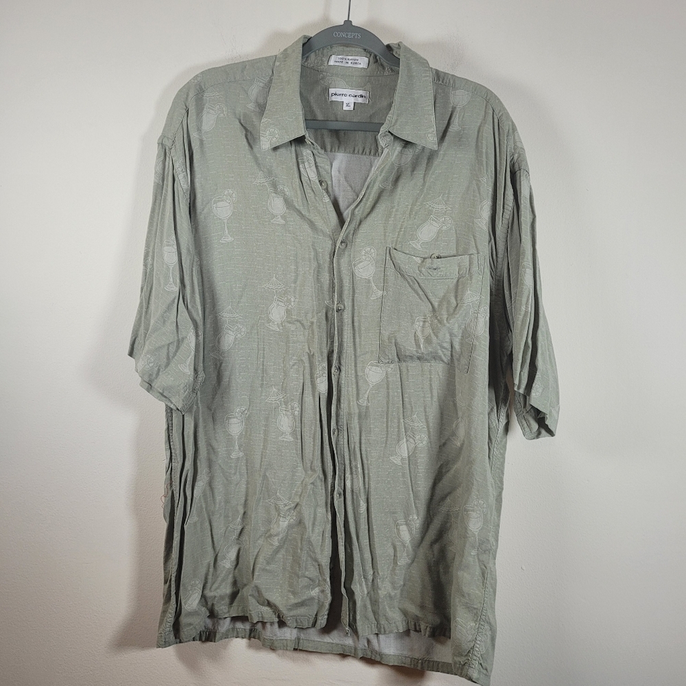 Pierre Cardan Men Hawaiian Shirt Short Sleeve XL Green Rayon Beachy Summer